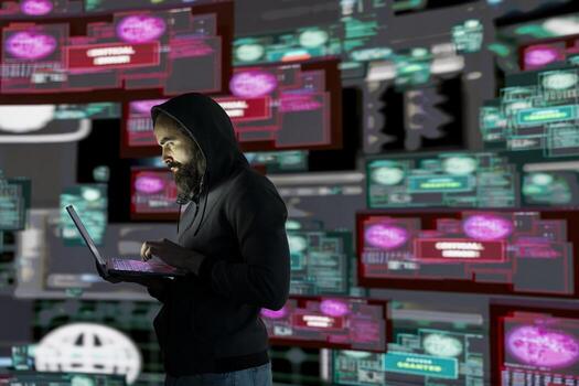 Cyber infiltration unfolds as a hacker is targeting network systems, bypassing encryption and engaging in espionage. Man practices identity theft and data breaches through AI manipulation. photo