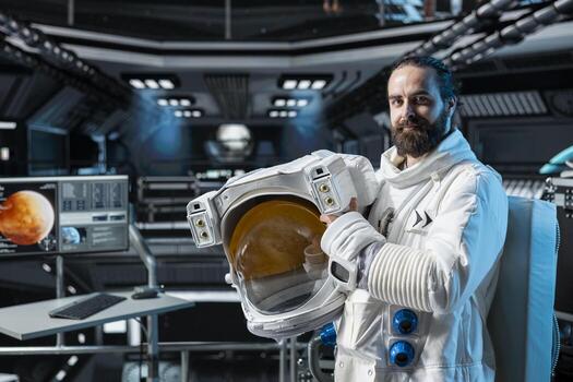 Portrait of cosmonaut preparing for mission on Mars, doing space colonization. Man in orbital station beginning landing procedures on red desert planet, mapping unknown worlds photo