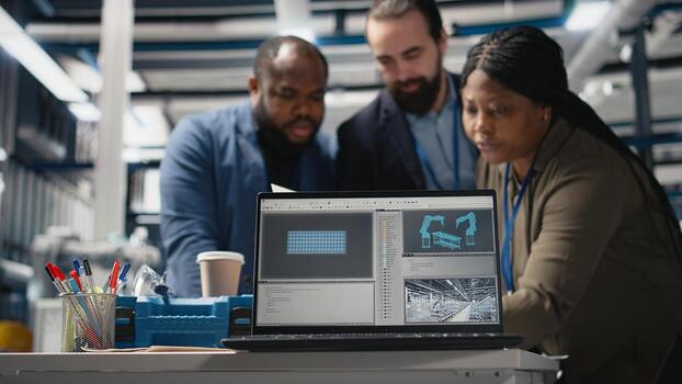 Group of industry experts engineers examining solar panel systems during a production inspection, ensuring engineering accuracy, quality control and factory operations efficiency. Camera A. photo