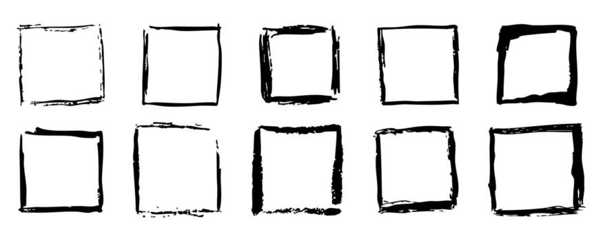Grunge ink rectangle square paint border with rough edges. Text box, sketch dirty line, splash. Scribble frame cadre textured. vector