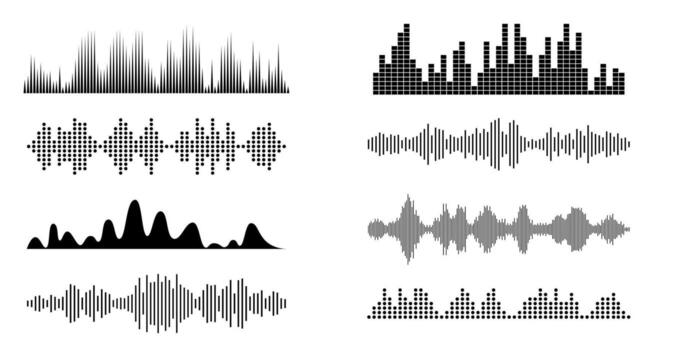 Sound radio wave set icon, voice message podcast audio recording. Music waveform pulse, equalizer rhythm symbol. Record level vibration. vector