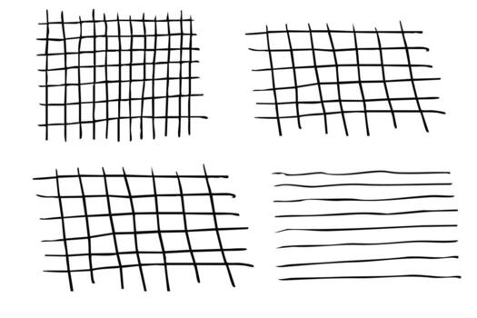 Grid square hand drawn textured lines, notebook grid and striped pattern. Set Doodle geometric net, chalk or crayon stroke vector
