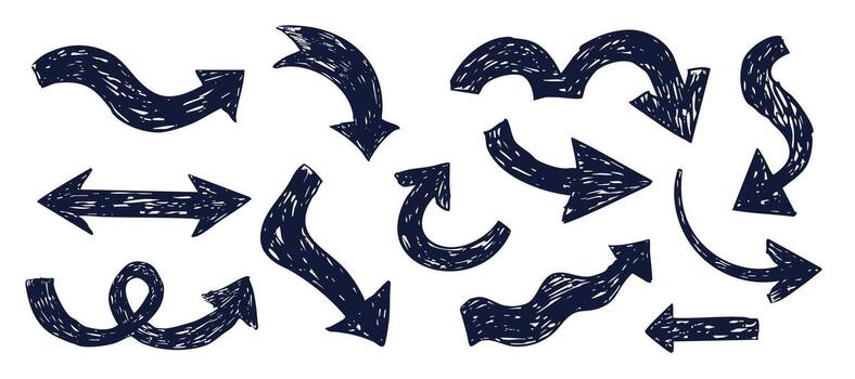 Thick arrow crayon chalk drawing sketch grunge textured set. Different directions simple curve shape. Pencil, marker, pastel scribble. vector