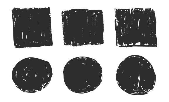 Grunge ink circle and square paint border with rough edges. Text box, sketch dirty line, splash. Scribble frame cadre textured. vector
