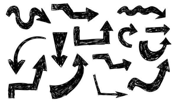 Thick arrow crayon chalk drawing sketch grunge textured set. Different directions simple curve shape. Pencil, marker, pastel scribbles. vector