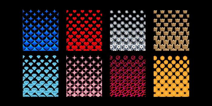 Set of decorative patterns featuring hearts, crowns, smileys, gems, flowers, and geometric icons in bold colors, ideal for backgrounds, prints, crafts, and digital design projects vector