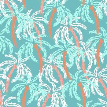 Seamless pattern with hand drawn tropical palm trees in soft tones on a turquoise background. Exotic, dynamic, and trendy, perfect for summer textiles, wallpapers, branding vector