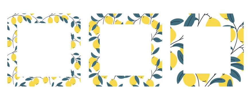 Set of square decorative lemon frames and borders for invitations and recipes vector
