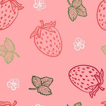 Seamless pattern with strawberry, flower, and leaf outlines in red, white, and green on a soft pink background. Light and airy summer design for textiles and paper. vector