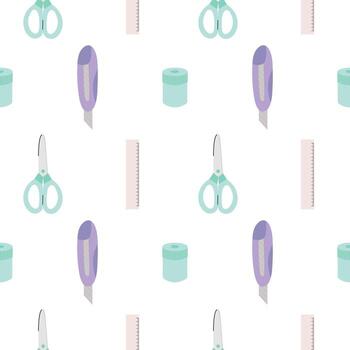 oficina suministros sin costura modelo. papelería cuchillo, gobernante, tijeras y sacapuntas plano modelo vector