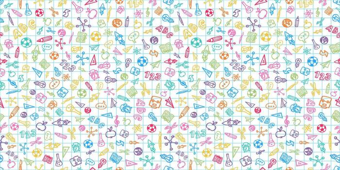 Back to School Seamless Pattern Banner Design with Hand Drawn Doodles in School Supplies Style on White Sheet of Notebook Background. Education, Learning and Knowledge Illustration for Greeting vector