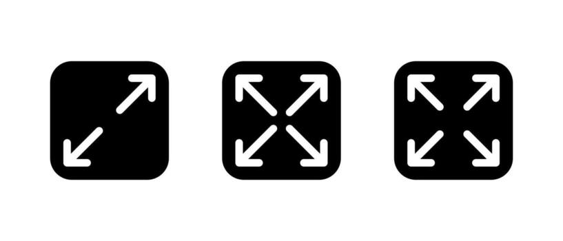 Expand and full screen icon set. Maximize display button symbol in black square vector