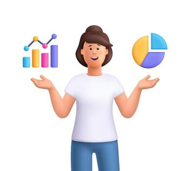 Young smiling woman Jane presenting data visualizations, bar chart and a pie chart. Data analysis, statistics and business reporting concept. 3d people character. Cartoon minimal style. vector