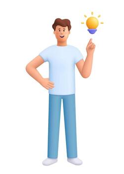 joven sonriente hombre James señalando dedo arriba a ligero bulbo. nuevo idea, creatividad, innovación, problema resolviendo, lluvia de ideas y puesta en marcha concepto. 3d personas personaje. dibujos animados mínimo estilo. vector