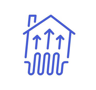 House symbol with upward arrows representing ventilation, airflow or underfloor heating system, simple linear outline for eco home, climate control and energy efficiency minimal illustration. vector