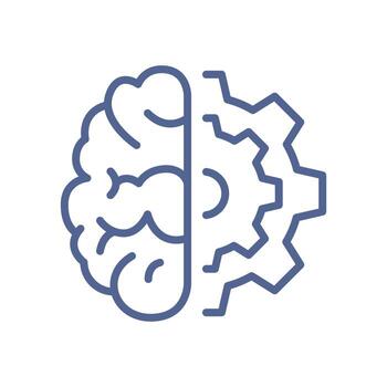 Human brain and gear icon representing cognitive process, thinking, problem solving and artificial intelligence, innovation and technical intelligence symbol linear stroke element flat . vector