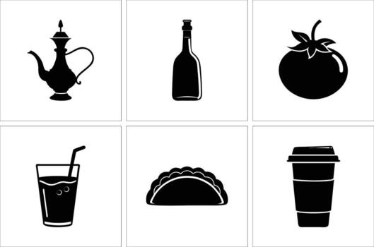 Various food and beverage icons are displayed over a white background in this solid color vector