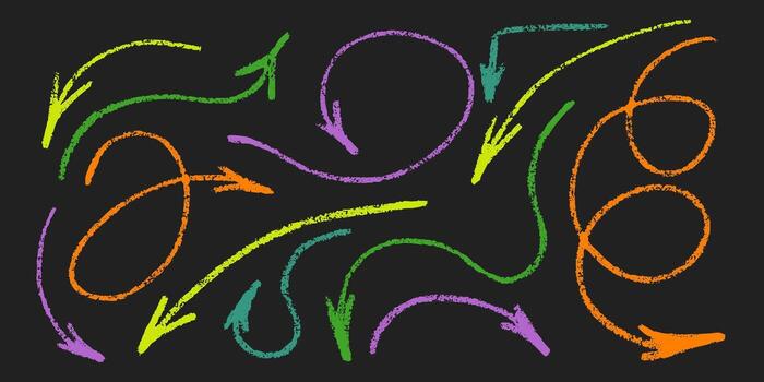 lápiz de color vistoso flechas íconos colocar. mano dibujado a mano diferente curvo y remolinos flechas garabatear lápiz dibujo, dirección punteros garabatos y garabatos. vector