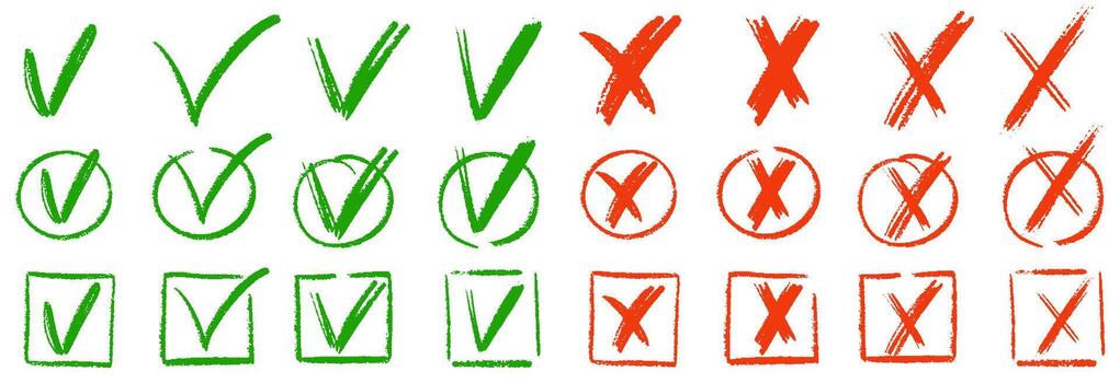 Check marks doodle set. Hand drawn brush chalk Vote, yes, no, checkbox, checklist, tick and cross signs, v and x drawn concept. doodle sketch style illustration with charcoal crayon texture. vector