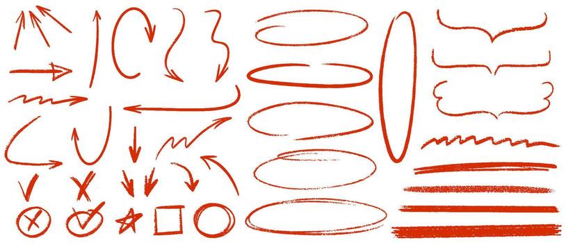 Pen red emphasis collection. Crayon drawn red underlines, check marks, brackets, arrows and check marks for to do list and notes. Hand drawn pencil doodle emphasis marker shapes. illustration vector