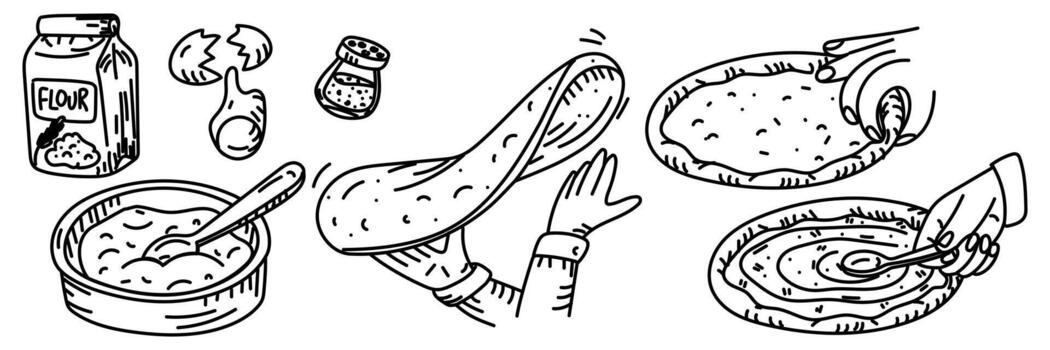 set of steps for making pizza in Doodle style. Ingredients, kneading dough, stretching dough in your hands, forming sides, greasing dough. Engraving, line, doodle monochrome object. Hand drawn vector