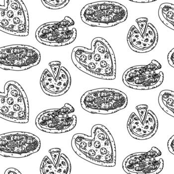 Pattern of various pizzas in doodle style. Engraving, monochrome hand-drawn drawing in a seamless texture. Pizzas, round, slices, heart, with various toppings, in different positions on the side, top vector