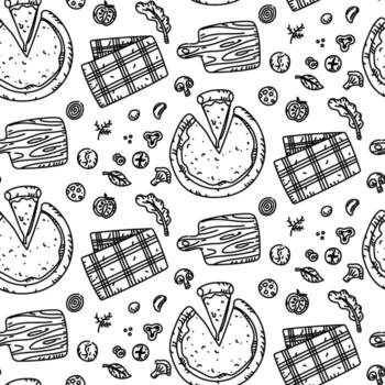 Pattern of a board, fabric, pizza dough, and ingredients in a doodle style. Engraving, monochrome hand-drawn drawing in a seamless texture. Scattered ingredients for adding to pizza. Picnic, service vector