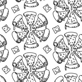 modelo de un redondo queso Pizza cortar dentro rebanadas en un garabatear estilo. grabado, monocromo dibujado a mano modelo en un sin costura textura. Pizza con queso y un queso borde. el rebanadas son conectado juntos vector