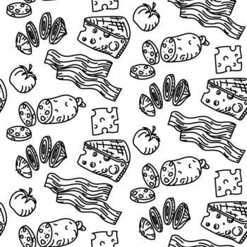 pattern of pizza toppings in the doodle style. Engraving, monochrome hand-drawn pattern in a seamless texture. Whole and sliced cheese, tomato, sausage, bacon, and onion. The slices are chaotic vector