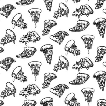 un modelo de triangular rebanadas de diverso Pizza en un garabatear estilo. un grabado, un monocromo dibujado a mano dibujo en un sin costura textura. Pizza con diferente coberturas el diverso rebanadas son caótico. vector