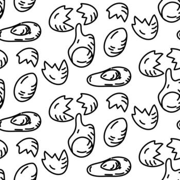 Pattern of chicken eggs in different shapes in the doodle style. Engraving, monochrome hand-drawn drawing in a seamless texture. Whole, broken, leaking, and spilled. Ingredients for cooking vector