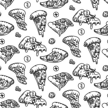 modelo de triangular Pizza rebanadas en garabatear estilo. un grabado, monocromo dibujado a mano modelo en sin costura textura. Pizza con queso borde, dispersado ingredientes. queso, hongos, embutido, aceitunas vector