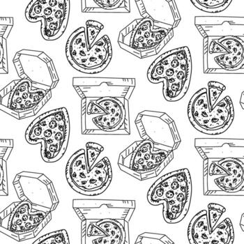 Pizza pattern in boxes and without in doodle style. Engraving, monochrome hand-drawn pattern in seamless texture. Round with triangular piece, heart-shaped pizza, various toppings, packed for delivery vector