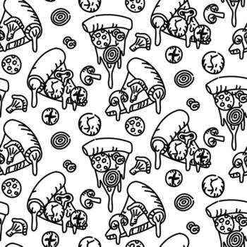 modelo de triangular Pizza rebanadas en un garabatear estilo. grabado, monocromo dibujado a mano dibujo en un sin costura textura. pizzas con salchicha tableros y dispersado ingredientes. oblicuo, verticalmente vector