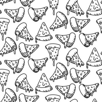 modelo de triangular piezas de queso Pizza en garabatear estilo. un grabado, un monocromo dibujado a mano modelo en sin costura textura. Pizza con queso y un queso borde. el rebanadas son diverso y caótico. vector