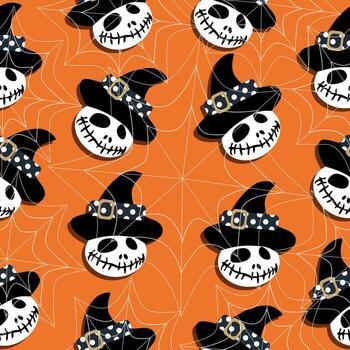 ghost skull in halloween cap with hat and spider web on orange background vector