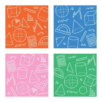 Maths square background patterns with mathematical elements such as diagrams, shapes, formulas, and equations. Great for wrapping paper, stationery, background, and school theme. vector