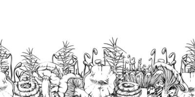 Bolete Russula mushroom, horsetail plant stalks moss cushion hand drawn in ink. Cep webcap suillus fungi, autumn forest harvest, edible raw ingredient for vegan cooking. Seamless banner header vector