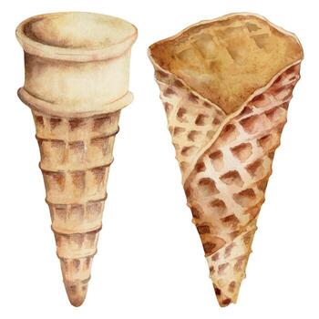vacío crujiente gofre cono para hielo crema remolino, helado, suave atender. oblea textura, horneado Pastelería. aislado ilustración mano dibujado en acuarela. dulce café volantes, congelado bocadillo decoración, digital papelería. vector