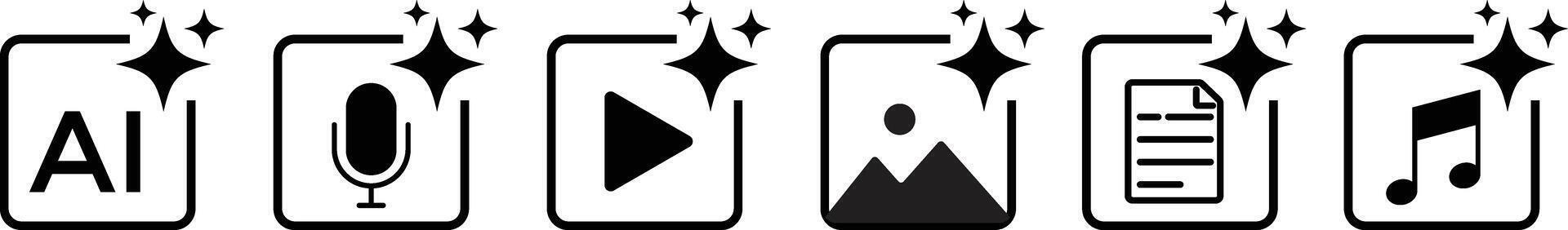 AI icon set. generate image, , picture, music, audio and text symbol. sparkle star icons. Computer help assistant sign. Tools for generate from text vector