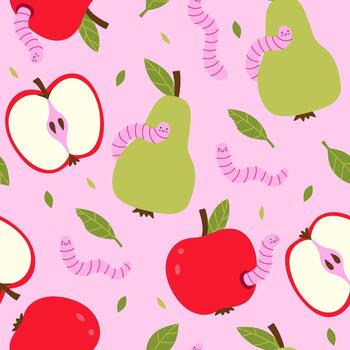 Seamless pattern with wormy apples and pears on a pink background. graphics vector