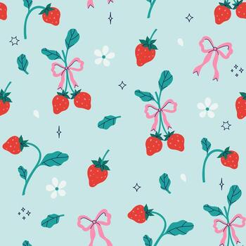 sin costura modelo con fresas, arcos y estrellas en un azul antecedentes. gráficos vector