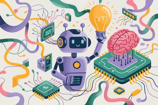 Robot holding a lightbulb with brain and circuits isolated vector