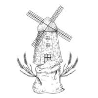 arreglo con molino, tela lona bolso para comida o entrega. gráfico tinta bolso con harina, oído de trigo, grano ilustración aislado en antecedentes. mano dibujado línea bosquejo. para diseñadores vector