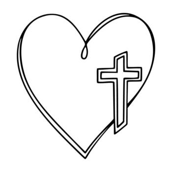 Christian cross merging with heart shape line art illustration vector