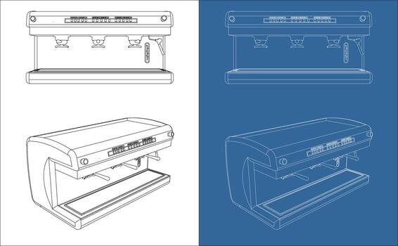 Blueprint espresso coffee machine front and perspective view vector
