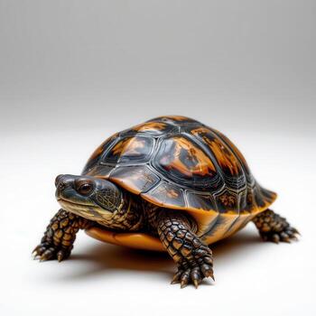A detailed studio portrait of a terrestrial tortoise with a patterned shell photo