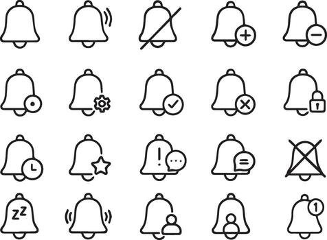 Notification Bell Line Icons Set Alert, Alarm, Reminder, Mute, Ringing, Badge, UI UX Symbols for Apps and Websites vector