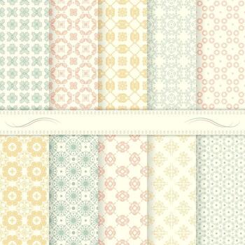Set of ten seamless retro patterns. Soft colors. Swatches of seamless patterns included in the file. vector