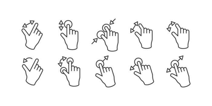gestos tema contiene íconos tal como golpe fuerte bien, golpe fuerte izquierda, estirar, enfocar afuera, doble grifo y más vector